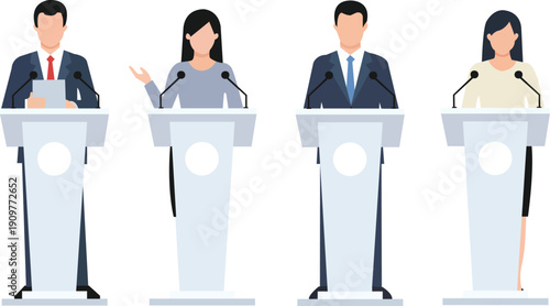 Flat vector illustration of a professional debate or panel discussion with four speakers standing behind podiums, two men and two women, minimal faceless characters