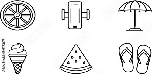 Set of summer vacation line icons featuring a car wheel, smartphone holder, beach umbrella, ice cream cone, watermelon, and flip-flops.Set of summer vacation line icons 