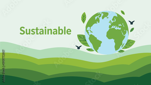 An inspiring illustration of Earth planet showing green landmasses and leaves with birds flying