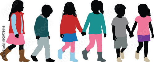 Group of diverse children walking and holding hands, cute kids silhouettes in colorful outfits for community and friendship concept