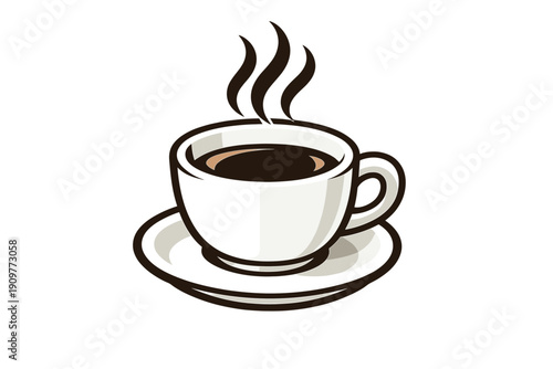 A simple illustration of a white ceramic cup filled with dark coffee, sitting on a matching saucer with steam rising from the hot liquid against a solid black background.