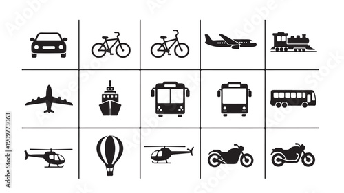Various vehicles and transportation icons displayed in a grid layout, showcasing different modes of transport and travel options visually