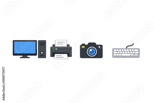 This set of flat illustrations features common electronic hardware such as a desktop computer, a printer with paper, a digital camera, and a wired keyboard on a black background.