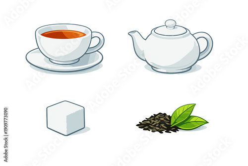 A set of four illustrations featuring a white ceramic cup of tea on a saucer, a matching teapot, a single white sugar cube, and a pile of dried tea leaves with fresh green leaves.