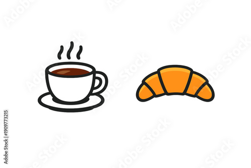A stylized illustration featuring a steaming black cup of coffee on a saucer next to a golden-orange croissant, both set against a solid black background.