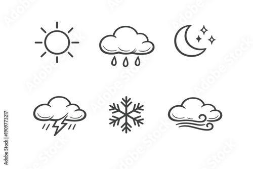A set of six hand-drawn weather icons featuring a sun, rain cloud, crescent moon with stars, thunderstorm, snowflake, and windy cloud on a solid black background.