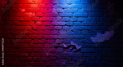 Wallpaper Mural Industrial Brick Wall Illuminated with Vibrant Red and Blue Neon Lights Background Torontodigital.ca