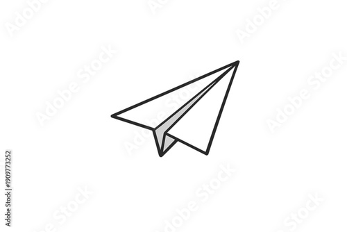 A minimalist illustration of a white and gray paper plane flying against a black background with subtle vertical texture. The design is simple and modern with clean black outlines.