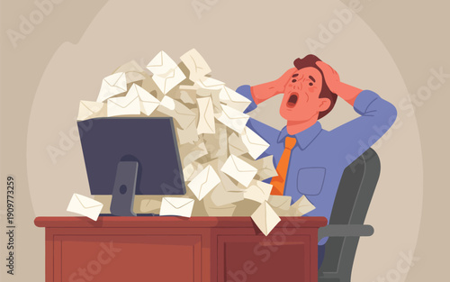 An overwhelmed businessman sits at his desk covered in an enormous pile of unread emails and letters