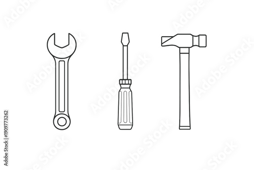 A minimalist black and white line art illustration featuring three essential hand tools: a wrench, a screwdriver, and a hammer, arranged vertically against a solid black background.