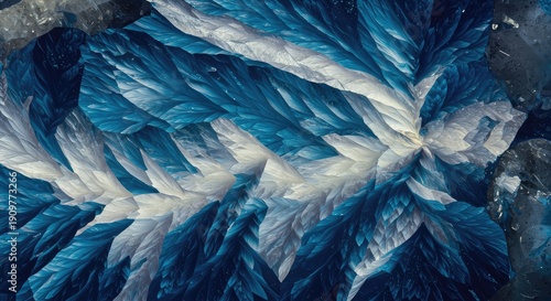 A close-up view of vibrant blue and white layered crystal formations exhibiting intricate geometric patterns and natural luminescence ,crystallization ,geology background ,education