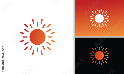The sun logo is dominated by orange-red gradients, and there are also variations with a black background, suggesting energy, innovation, impact, focus, spread, and optimism.