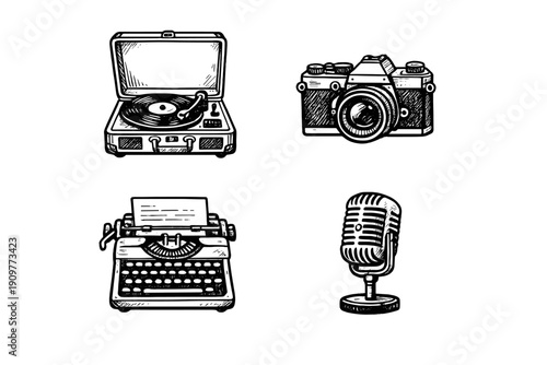 Set of four retro illustrations featuring a turntable, a manual typewriter, a vintage camera, and a classic microphone. Hand-drawn white sketches are set against a solid black background.