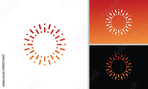 The sun logo is dominated by orange-red gradients, and there are also variations with a black background, suggesting energy, innovation, impact, focus, spread, and optimism.
