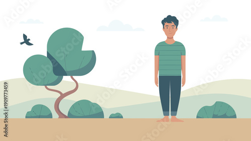 Cheerful young man stands barefoot with a subtle smile in a bright green outdoor natural environment