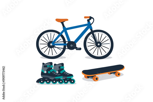 A flat vector illustration showcasing a blue bicycle, a pair of inline skates, and a skateboard against a black background. It highlights popular outdoor sports and travel gear.