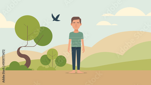 Calm young man stands barefoot with closed eyes in a soothing green natural landscape with a tree