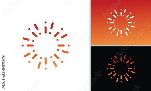 The sun logo is dominated by orange-red gradients, and there are also variations with a black background, suggesting energy, innovation, impact, focus, spread, and optimism.