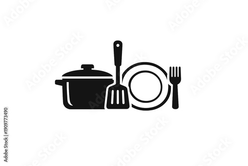 A minimalist black silhouette illustration depicting common kitchen utensils including a cooking pot, a spatula, a plate, and a fork, all set against a clean white background.