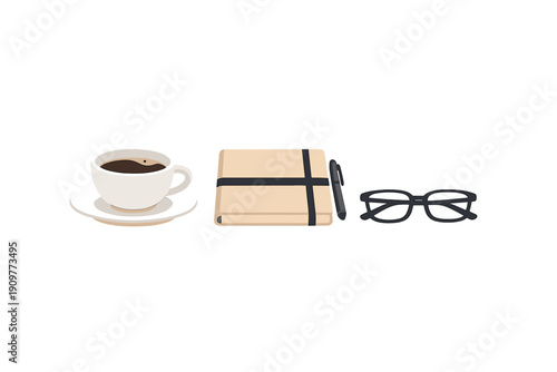 A minimalist illustration featuring a white cup of black coffee on a saucer, a tan notebook with a black pen, and a pair of black-framed eyeglasses set against a solid black background.