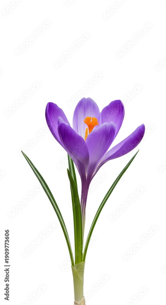 Fototapeta premium A delicate purple crocus flower blooms brightly, symbolizing the fresh beginning of spring, set against a stark white background ,bright ,flora ,solitary