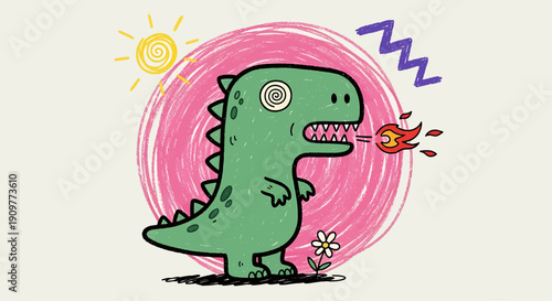 Whimsical hand-drawn illustration of a green dinosaur breathing fire with a quirky distressed aesthetic