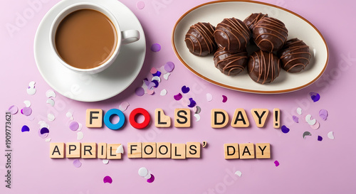 April fools day funny coffee and chocolate treats on pink background