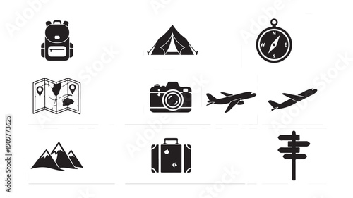 A collection of monochrome travel icons including cameras, maps, tents, compasses, and airplanes on a clean background viewed from directly above.
