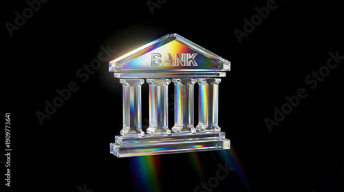 3D crystal glass bank icon with holographic light effect, concept of digital finance and transparency.