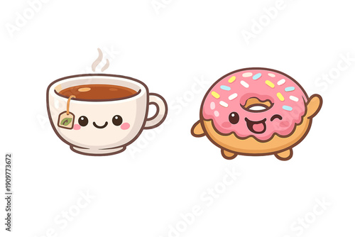 Kawaii illustration featuring a cheerful white cup of tea and a happy pink glazed donut with colorful sprinkles. Both characters have cute faces and are set against a black background.