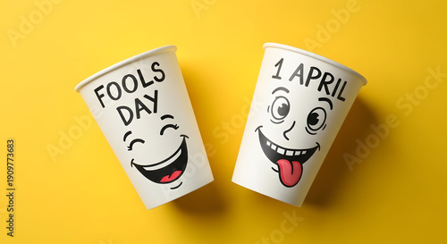 April fools day prank cups on yellow background