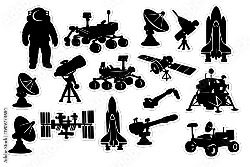 A collection of black silhouettes with white outlines depicting various space exploration equipment including an astronaut, rovers, satellites, telescopes, and a space shuttle on a black background.