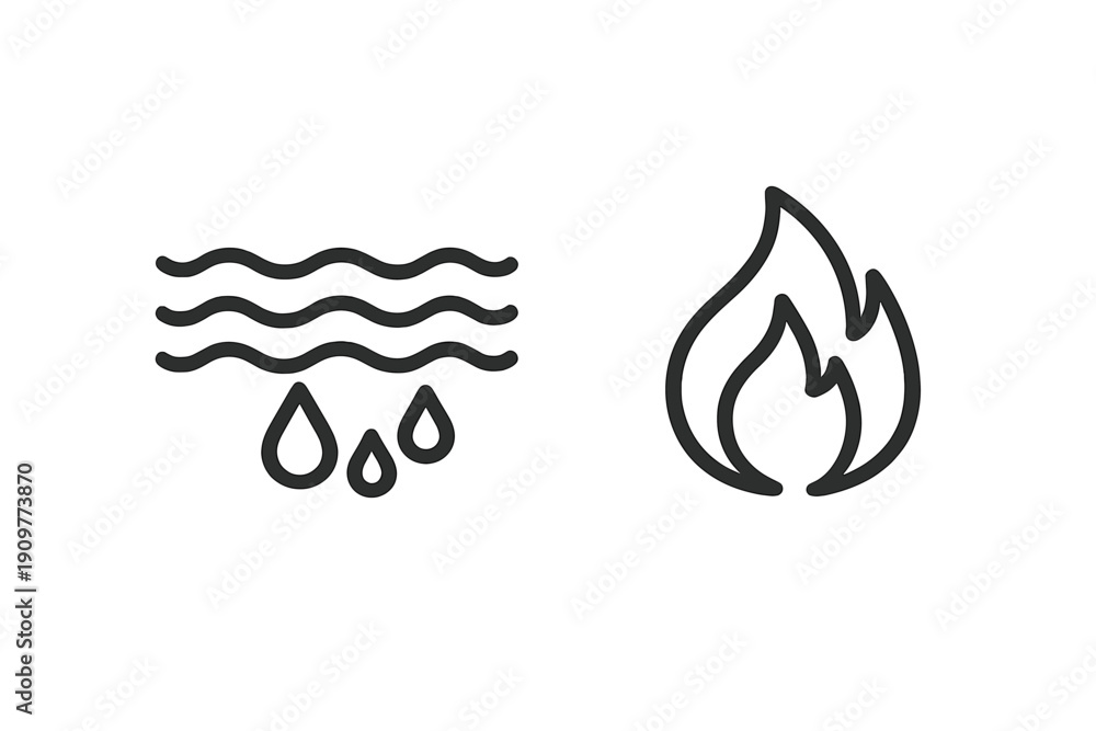 Obraz premium A minimalist black line art illustration featuring two distinct icons: one representing water with wavy lines and raindrops, and the other depicting a simple flame or fire symbol.