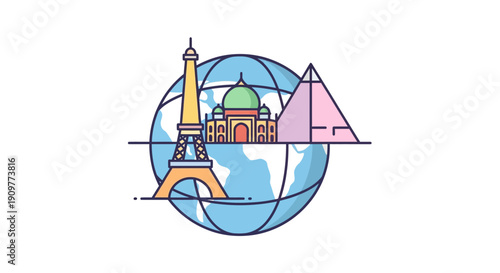 Landmarks of Paris and Egypt Icons.