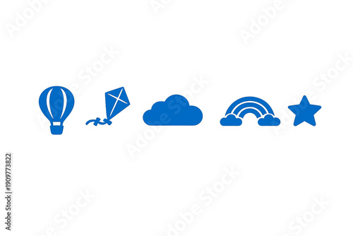 A collection of five blue icons including a hot air balloon, a kite, a cloud, a rainbow, and a star, all arranged in a horizontal row against a solid black background.