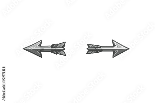Two stylized silver metallic arrows pointing in opposite directions on a solid black background. The arrows feature sharp heads and feathered fletching in a fantasy game art style.