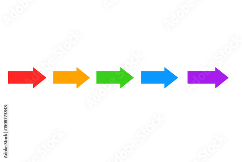 Five horizontal arrows in a row pointing right on a black background, colored red, orange, green, blue, and purple. This graphic represents a sequential process or linear progression.