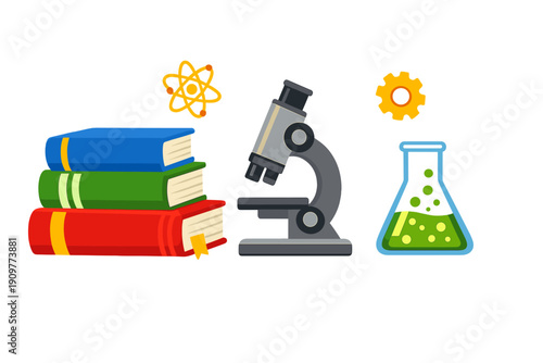 A flat vector illustration featuring a stack of colorful books, a microscope, a laboratory flask with green liquid, an atom symbol, and a gear against a solid black background.