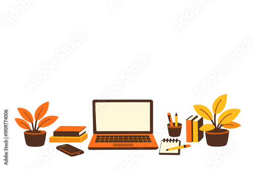 A flat vector illustration of a modern workspace featuring an open laptop, potted plants, books, a smartphone, and stationery items arranged on a dark background in orange and brown tones.