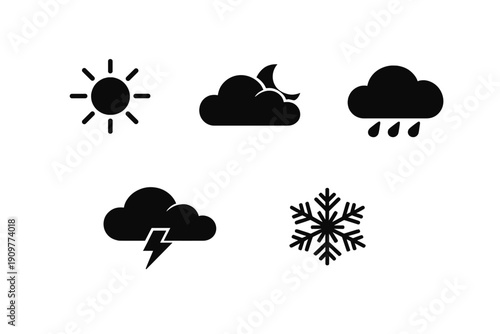 A collection of five black weather icons on a white background representing different conditions including sunny, partly cloudy, rainy, stormy, and snowy weather states.