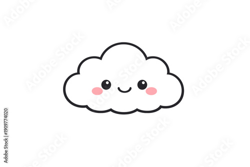 A minimalist illustration of a happy white cloud with a smiling face and pink cheeks. The cute cartoon character is isolated on a solid black background in a kawaii art style.