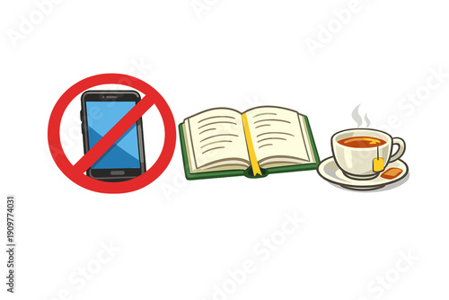 An illustration featuring a smartphone with a red prohibition sign, an open book with a bookmark, and a steaming cup of tea on a black background, representing a digital detox concept.
