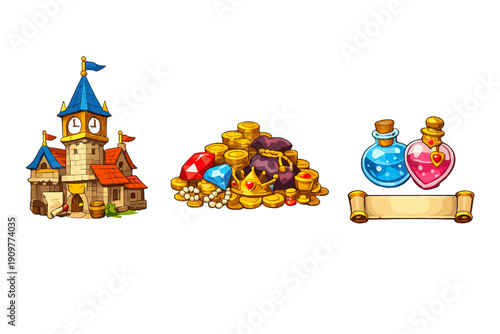 A collection of fantasy game assets featuring a medieval castle tower, a large pile of gold coins with gems and a crown, and magic potion bottles with a blank parchment scroll.