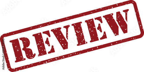 A red textured rubber stamp with the word REVIEW clearly visible on a clean white surface