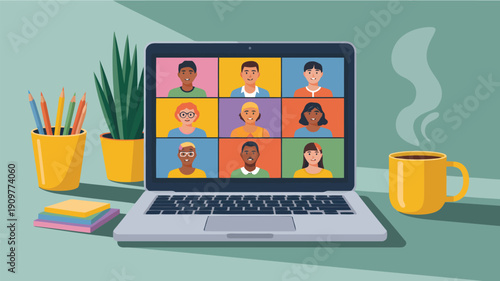 Diverse group of people participating in a virtual video conference meeting on a laptop screen