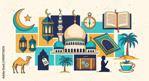 Essential collection of Islamic travel and religious icons symbolizing spiritual journeys and culture