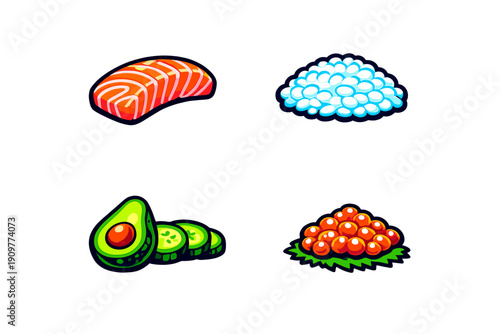 A collection of four stylized sushi ingredient icons including salmon sashimi, a pile of white rice, sliced avocado with cucumber, and salmon roe on a green leaf over a black background.