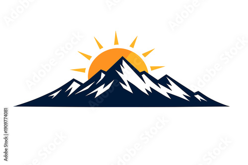 A minimalist graphic illustration featuring a dark blue mountain range silhouette with a bright orange and yellow sun rising behind the peaks against a solid black background.
