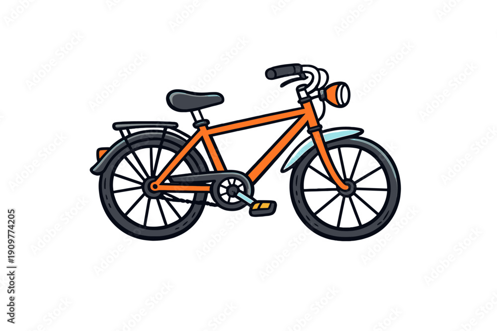 Fototapeta premium This is a cartoon illustration of an orange bicycle with black tires and a front headlight. The bike features a rear rack and a light blue fender on a black background.