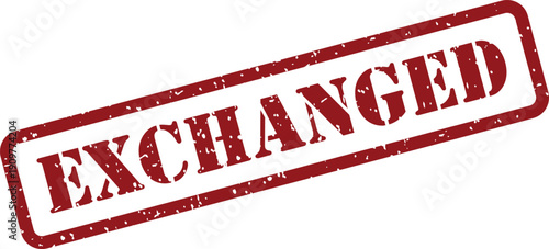 A rustic red grunge rubber stamp displaying the prominent word EXCHANGED presented on a pure white surface
